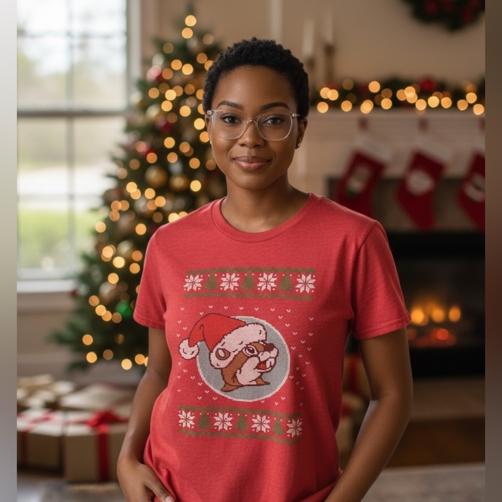 Buc-ees Cute Christmas T-Shirt Visions of Beaver Nuggets Dance In My Head Small